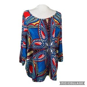 PREMISE BLUE MULTI GEOMETRIC ASYMMETRICAL HEM CASUAL 3/4 SLEEVE BLOUSE 2X